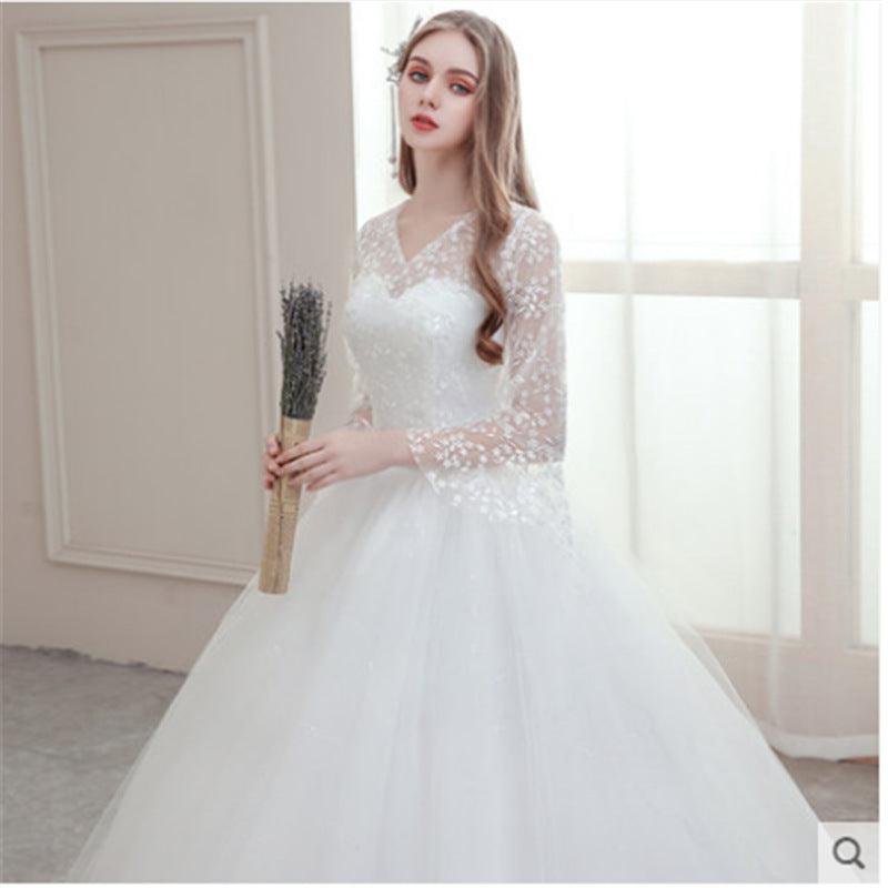 Light wedding dress 2022 new bride with one-word shoulder long sleeves simple French starry wedding retro wedding dress