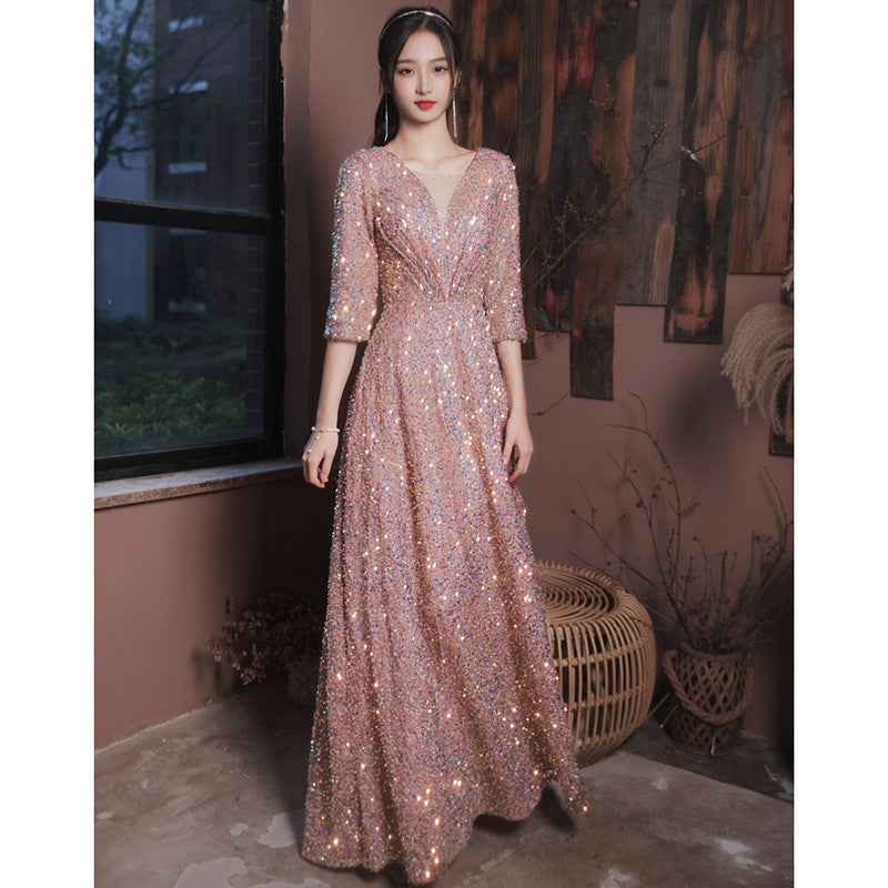 Glitter evening dress female 2022 new banquet temperament celebrity long v-neck annual meeting host dress female