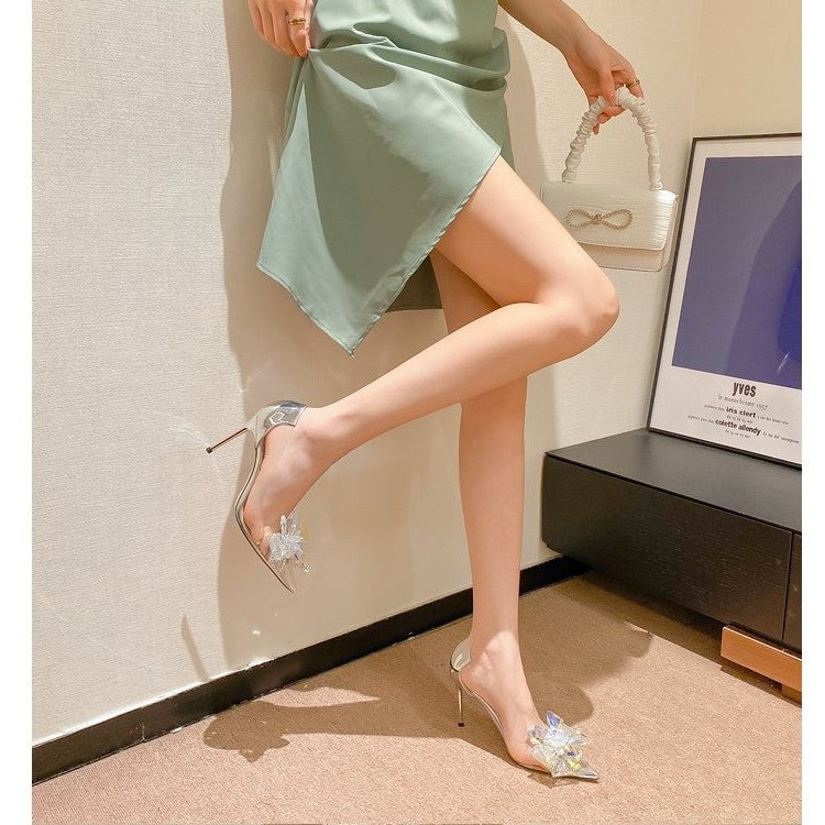 Fairy shoes heel Glass shoes New Korean fashion transparent high heels for women with thin heels, pointed rhinestones and champagne wedding shoes single shoes for women