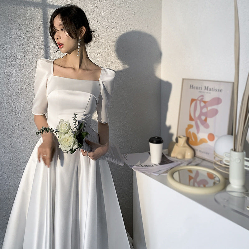 White evening dress super fairy dress Party temperament satin engagement light wedding dress autumn wedding license little white dress