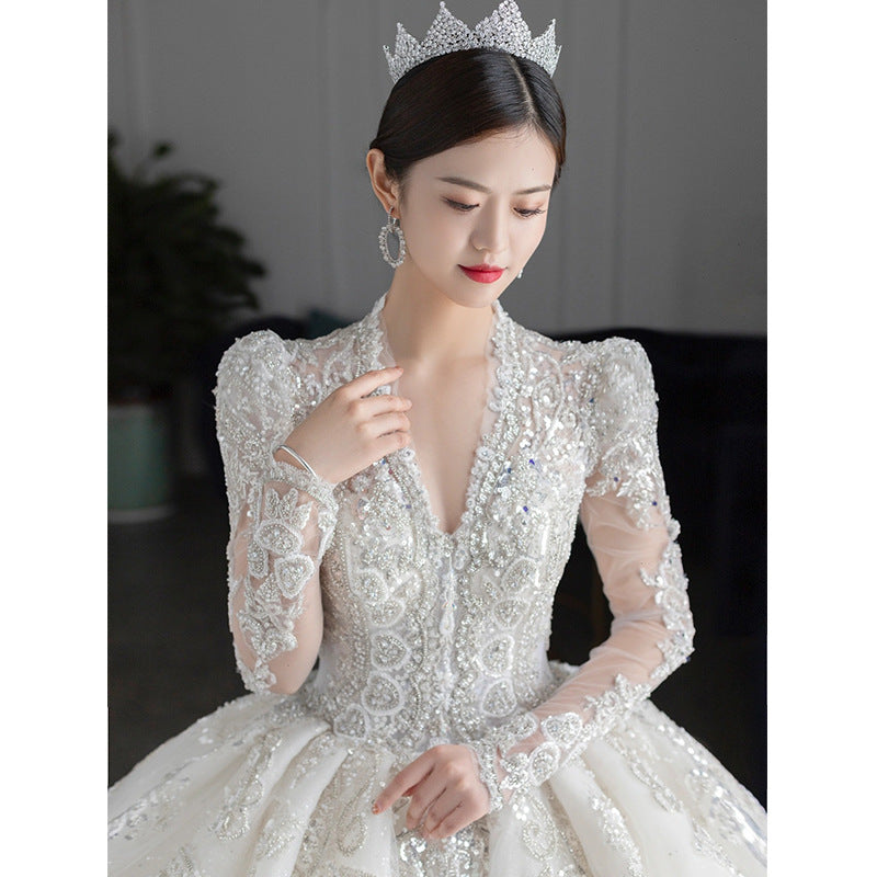 Wedding dress princess dress bubble sleeve long sleeve lace dress new bride wedding dress palace style high sense of big tail