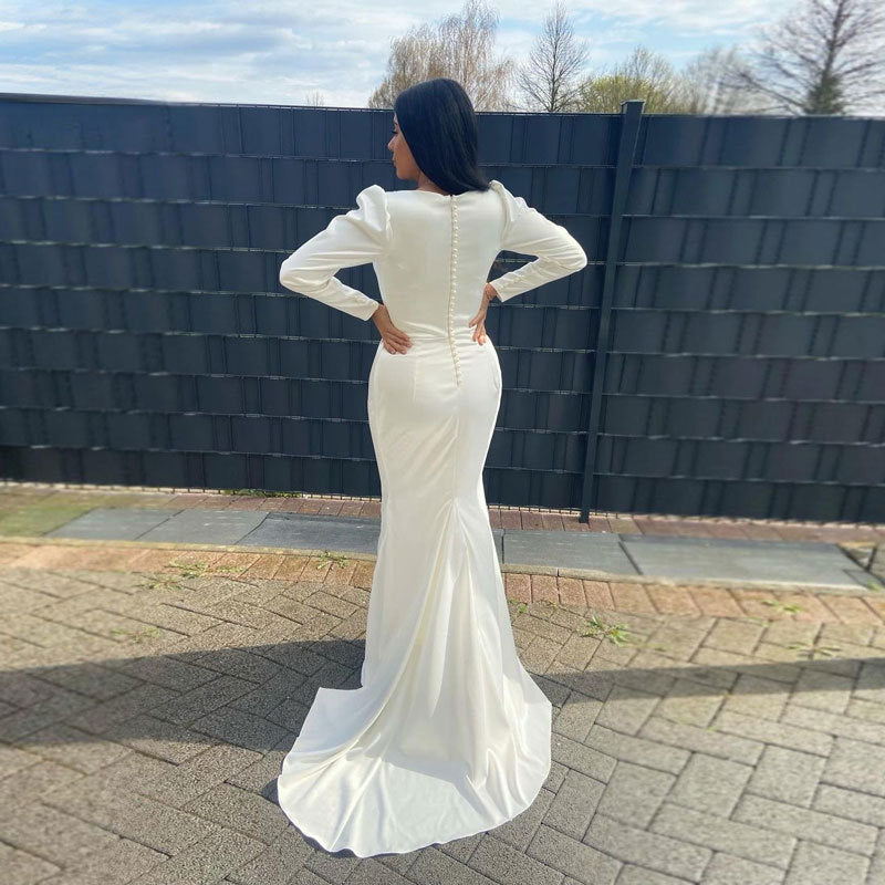 new simple satin wedding dress long sleeves sexy fishtail slimmer wedding dress