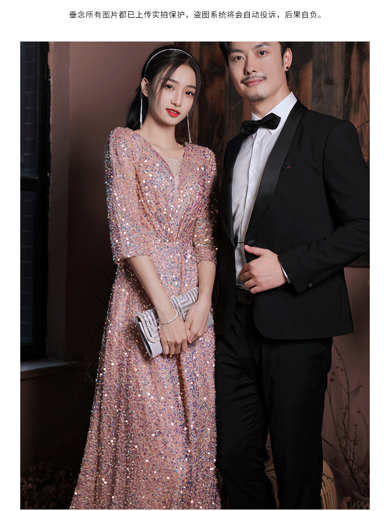 Glitter evening dress female 2022 new banquet temperament celebrity long v-neck annual meeting host dress female