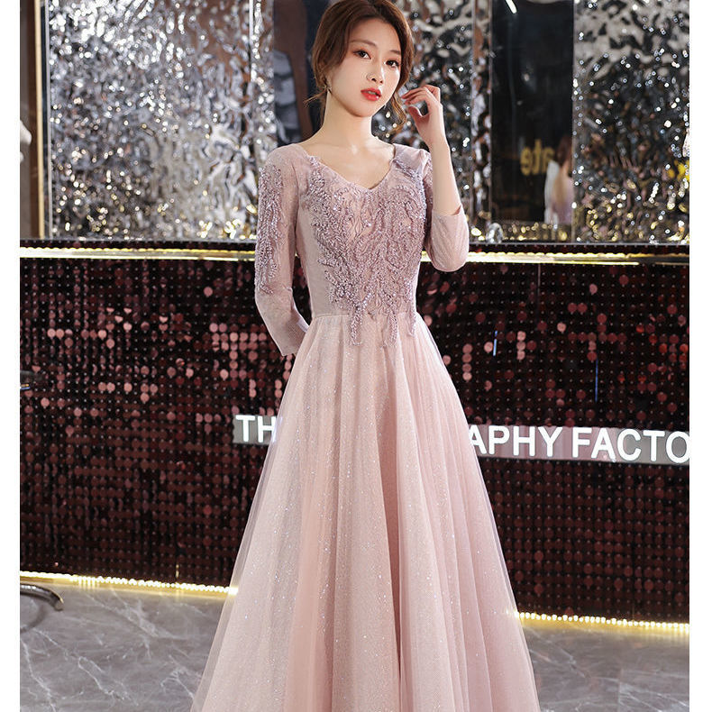 Evening dress pink dress embroidery new temperament host dress banquet high-end atmosphere elegant long thin