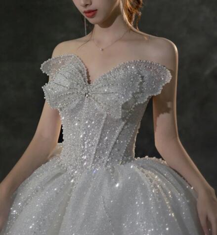 Wedding dress 2022 New Bride French main gauze star big drag tail one shoulder butterfly court style strapless wedding dress