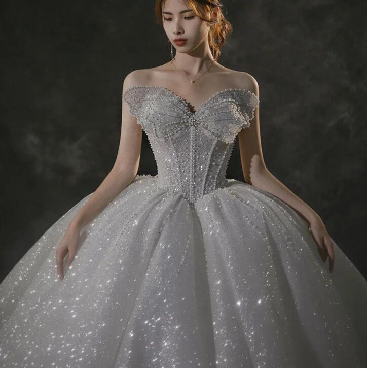 Wedding dress 2022 New Bride French main gauze star big drag tail one shoulder butterfly court style strapless wedding dress