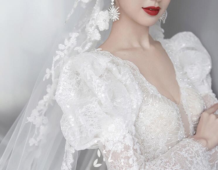 formal dress white dress French long-sleeve wedding dress new bride main yarn I am the wind high-grade texture luxury high-end big tail