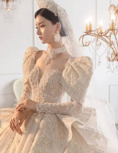 dress for wedding dress princess dress lace dress elegant gown evening dress for dinner French style master wedding dress 2022 new network red with the same dress female bride long sleeves to cover the arm big tail master wedding dress female