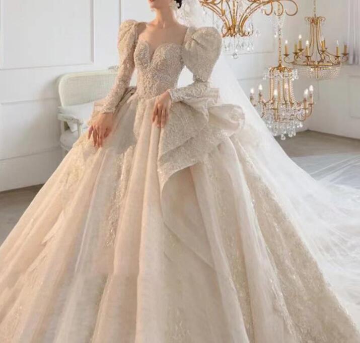 dress for wedding dress princess dress lace dress elegant gown evening dress for dinner French style master wedding dress 2022 new network red with the same dress female bride long sleeves to cover the arm big tail master wedding dress female