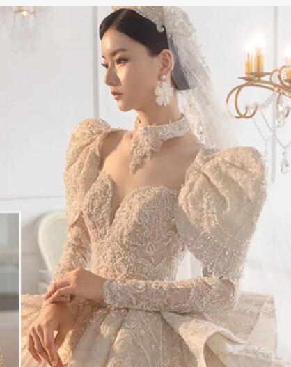 dress for wedding dress princess dress lace dress elegant gown evening dress for dinner French style master wedding dress 2022 new network red with the same dress female bride long sleeves to cover the arm big tail master wedding dress female