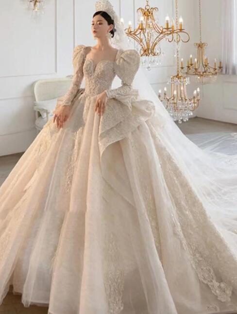 dress for wedding dress princess dress lace dress elegant gown evening dress for dinner French style master wedding dress 2022 new network red with the same dress female bride long sleeves to cover the arm big tail master wedding dress female