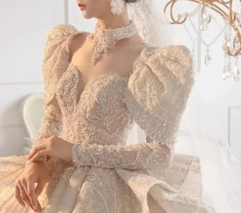 dress for wedding dress princess dress lace dress elegant gown evening dress for dinner French style master wedding dress 2022 new network red with the same dress female bride long sleeves to cover the arm big tail master wedding dress female