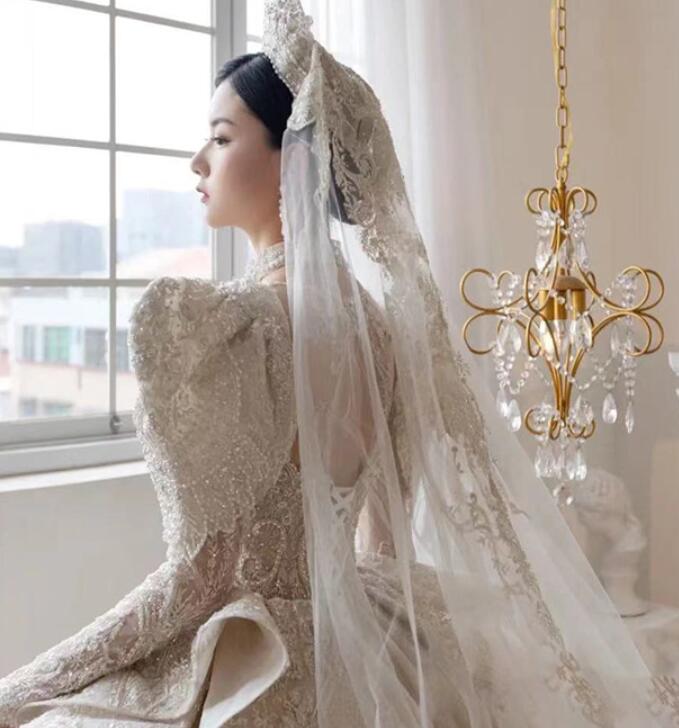 dress for wedding dress princess dress lace dress elegant gown evening dress for dinner French style master wedding dress 2022 new network red with the same dress female bride long sleeves to cover the arm big tail master wedding dress female