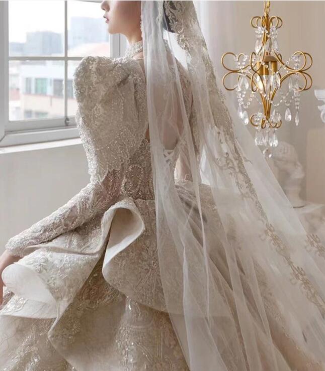 dress for wedding dress princess dress lace dress elegant gown evening dress for dinner French style master wedding dress 2022 new network red with the same dress female bride long sleeves to cover the arm big tail master wedding dress female