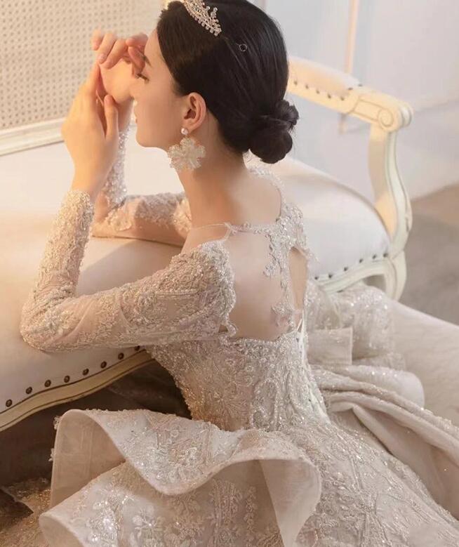 dress for wedding dress princess dress lace dress elegant gown evening dress for dinner French style master wedding dress 2022 new network red with the same dress female bride long sleeves to cover the arm big tail master wedding dress female