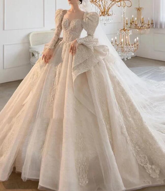 dress for wedding dress princess dress lace dress elegant gown evening dress for dinner French style master wedding dress 2022 new network red with the same dress female bride long sleeves to cover the arm big tail master wedding dress female