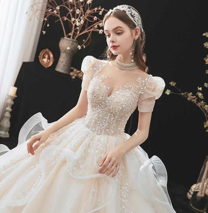 Wedding dress evening dress bride simple atmosphere romantic large size women cover thick arm and shoulder lace big tail wedding dress