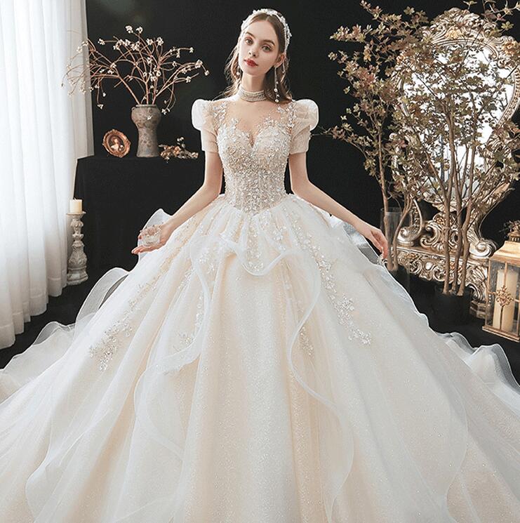 Wedding dress evening dress bride simple atmosphere romantic large size women cover thick arm and shoulder lace big tail wedding dress