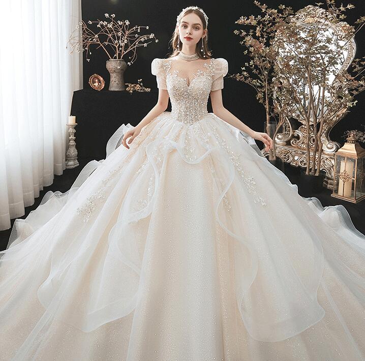 Wedding dress evening dress bride simple atmosphere romantic large size women cover thick arm and shoulder lace big tail wedding dress