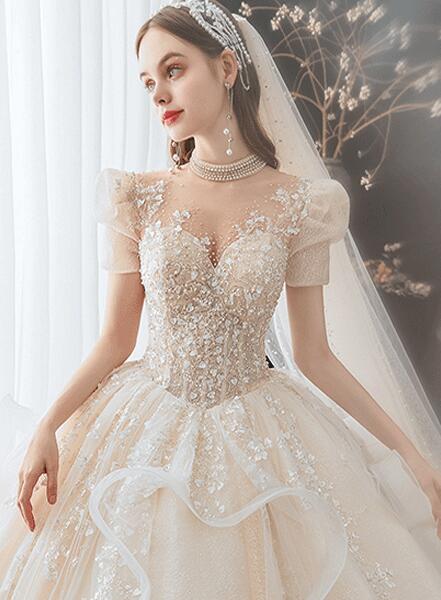 Wedding dress evening dress bride simple atmosphere romantic large size women cover thick arm and shoulder lace big tail wedding dress