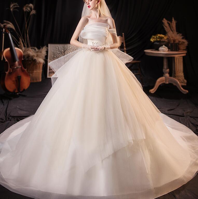 off shoulder wedding dress lace dress fairy dress princess dress Strapless main wedding dress 2021 new bride temperament simple generous starry luxury luxury dream tail small