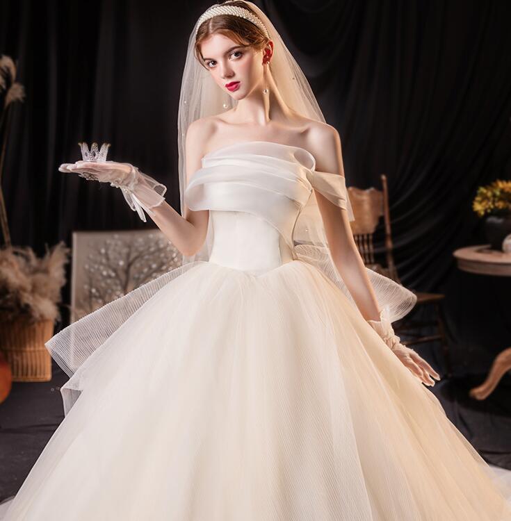 off shoulder wedding dress lace dress fairy dress princess dress Strapless main wedding dress 2021 new bride temperament simple generous starry luxury luxury dream tail small