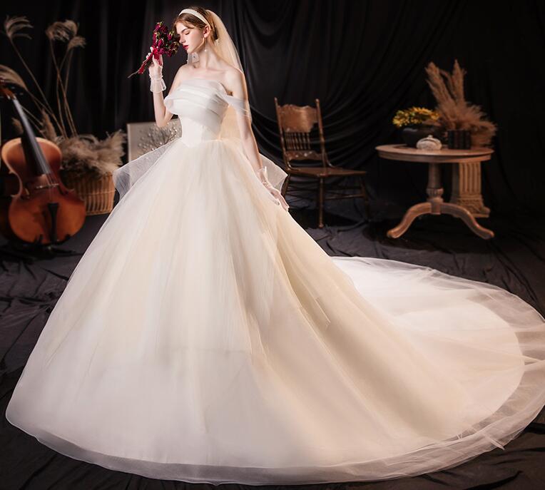 off shoulder wedding dress lace dress fairy dress princess dress Strapless main wedding dress 2021 new bride temperament simple generous starry luxury luxury dream tail small