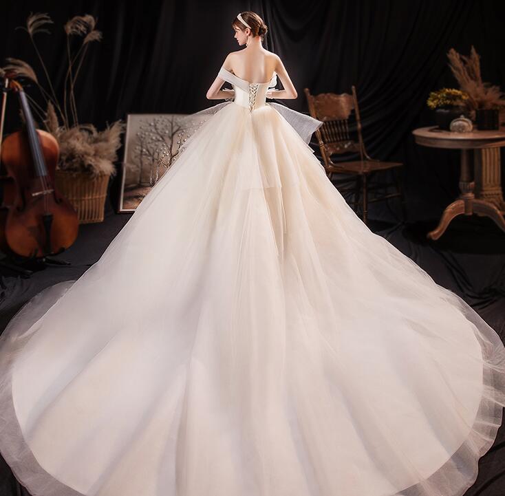 off shoulder wedding dress lace dress fairy dress princess dress Strapless main wedding dress 2021 new bride temperament simple generous starry luxury luxury dream tail small