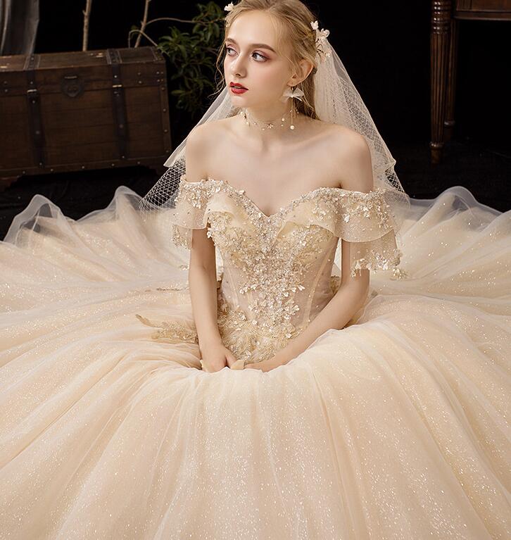 Wedding dress the bride trailing OFF shoulder's super fairy dream