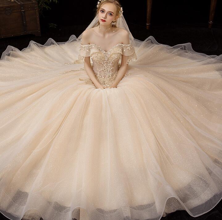 Wedding dress the bride trailing OFF shoulder's super fairy dream