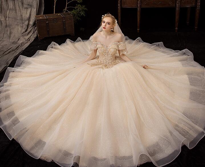 Wedding dress the bride trailing OFF shoulder's super fairy dream