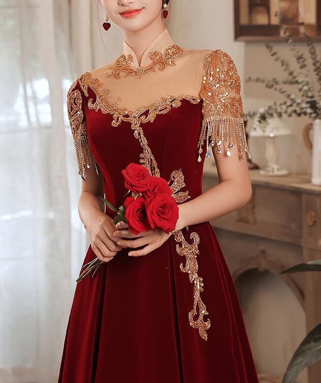 Chinese style cheongsam dress wedding dress wine red dress toasting dress Bride 2022 New Hepburn style red Heavy Industry engagement dress Bride toast dinner