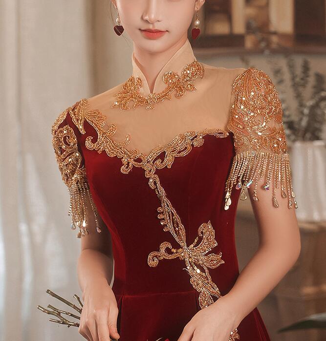 Chinese style cheongsam dress wedding dress wine red dress toasting dress Bride 2022 New Hepburn style red Heavy Industry engagement dress Bride toast dinner