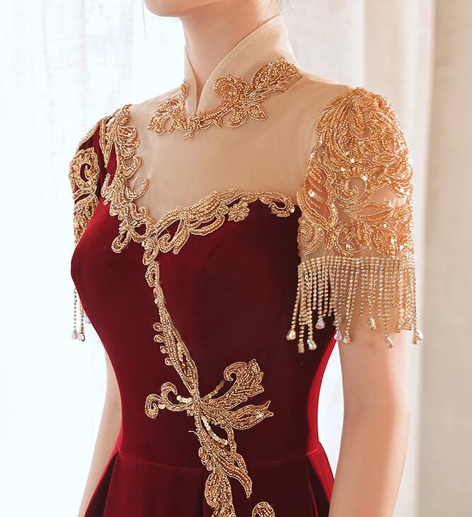 Chinese style cheongsam dress wedding dress wine red dress toasting dress Bride 2022 New Hepburn style red Heavy Industry engagement dress Bride toast dinner