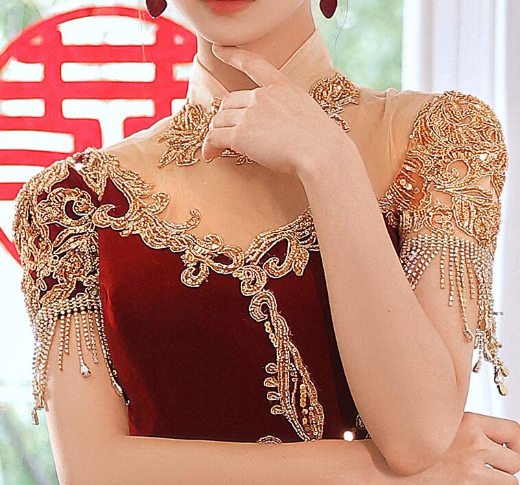 Chinese style cheongsam dress wedding dress wine red dress toasting dress Bride 2022 New Hepburn style red Heavy Industry engagement dress Bride toast dinner