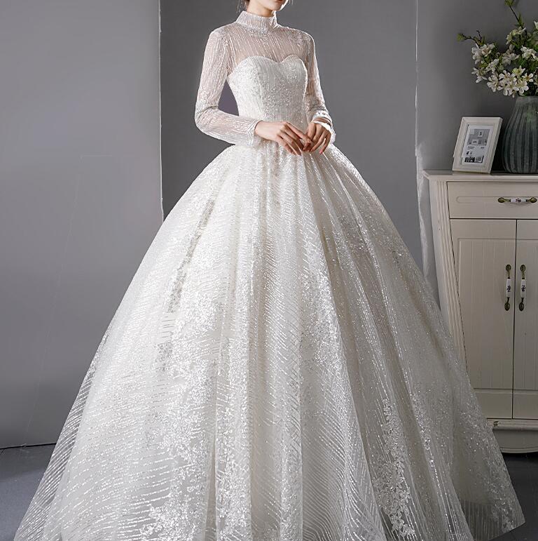 long sleeve dress Wedding dress 2022 new bride main yarn short long sleeve dress high collar show thin temperament neat style simple atmosphere