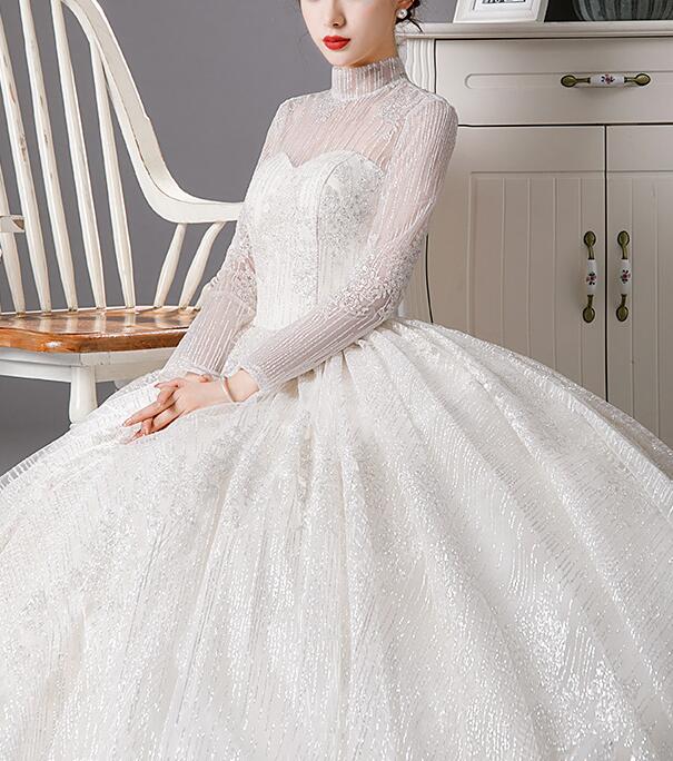 long sleeve dress Wedding dress 2022 new bride main yarn short long sleeve dress high collar show thin temperament neat style simple atmosphere