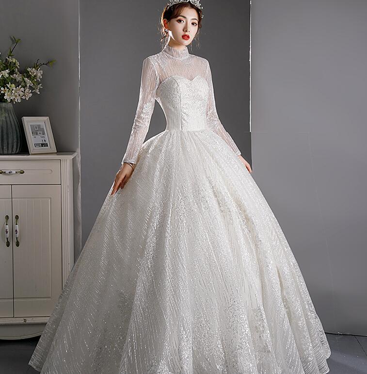 long sleeve dress Wedding dress 2022 new bride main yarn short long sleeve dress high collar show thin temperament neat style simple atmosphere