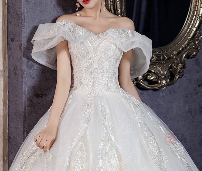 off shoulder dress Wedding dress French light wedding dress 2022 new temperament one shoulder bride Sen super fairy dream heavy industry wedding dress