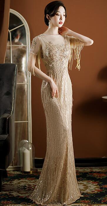 Fishtail dress for wedding bridal banquet gold evening dinner