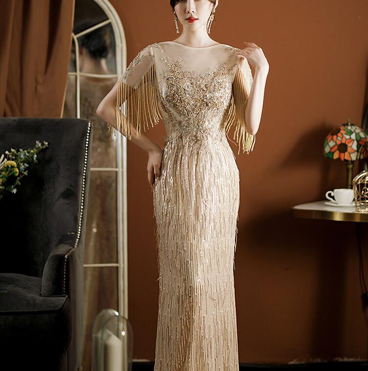 Fishtail dress for wedding bridal banquet gold evening dinner