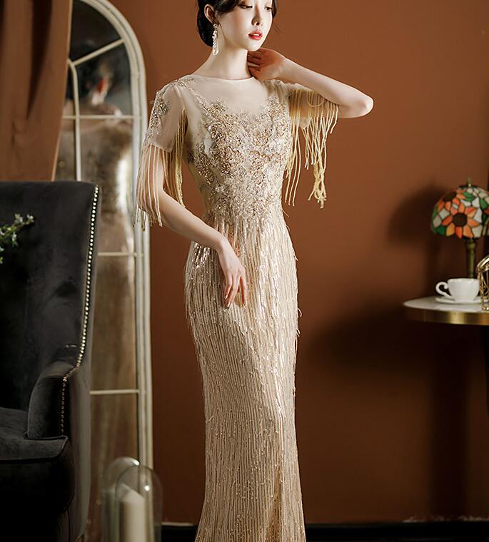 Fishtail dress for wedding bridal banquet gold evening dinner