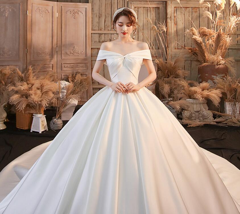 off shoulder satin wedding dress bridal veil