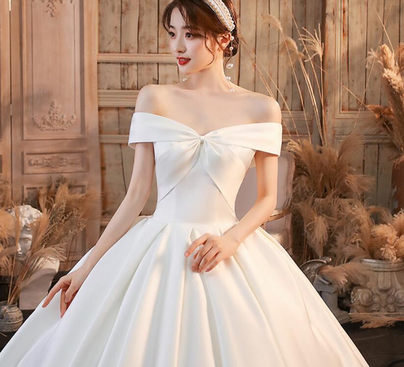 off shoulder satin wedding dress bridal veil