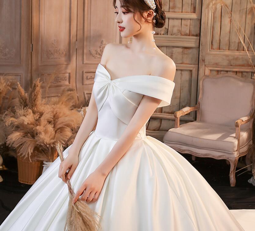 off shoulder satin wedding dress bridal veil