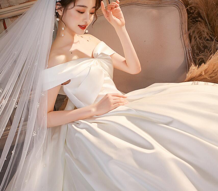 off shoulder satin wedding dress bridal veil