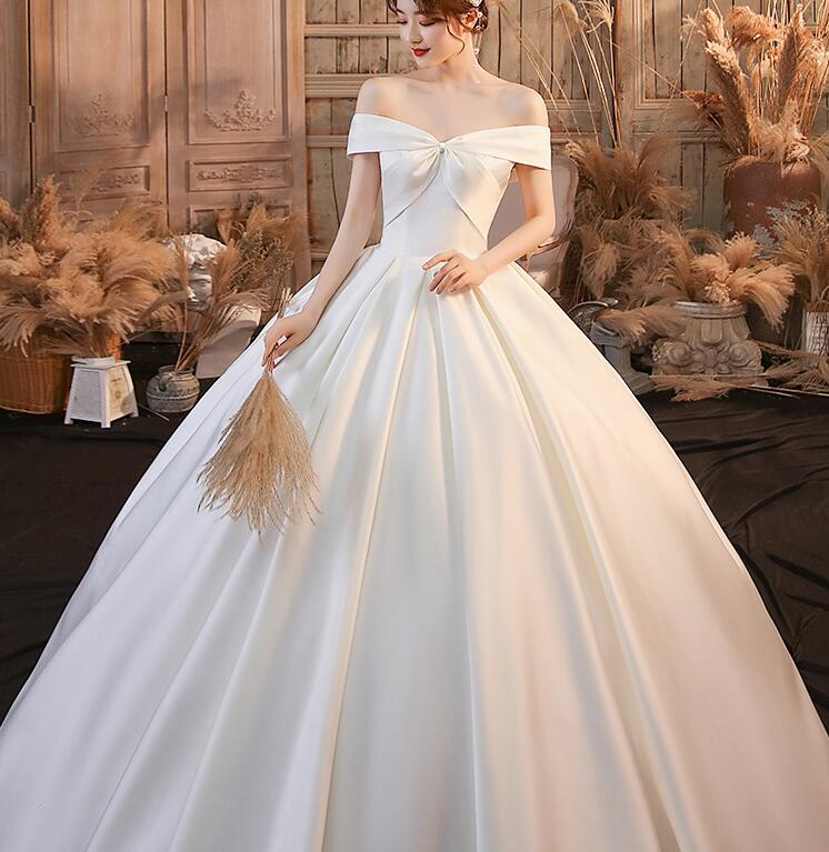 off shoulder satin wedding dress bridal veil