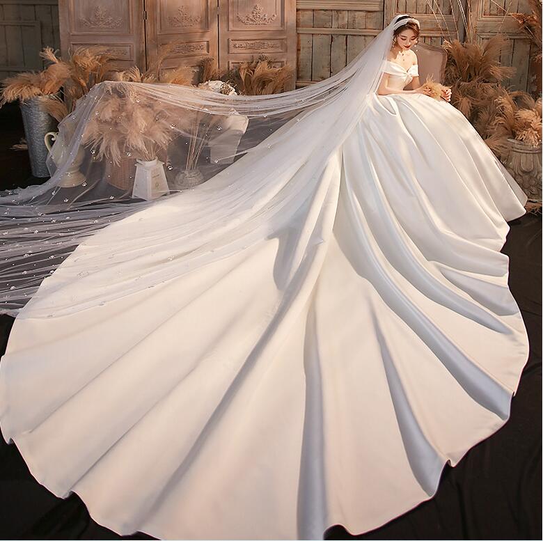 off shoulder satin wedding dress bridal veil