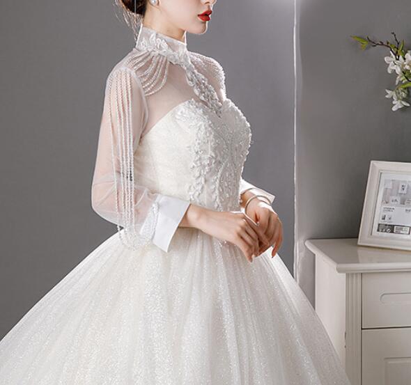 wedding dress long sleeve princess dress lace satin with trailing