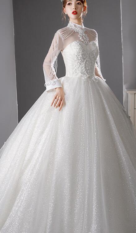 wedding dress long sleeve princess dress lace satin with trailing